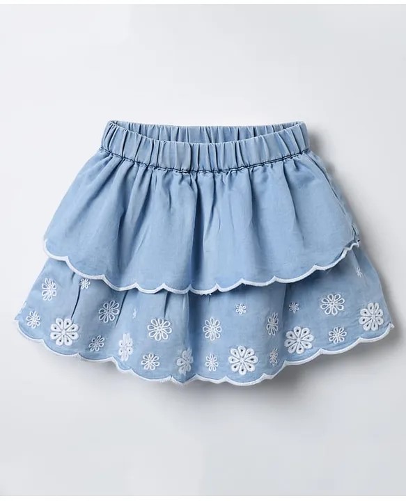 Little Kangaroos Denim Woven Knee Length Skirt With Floral Embroidery - Light Blue